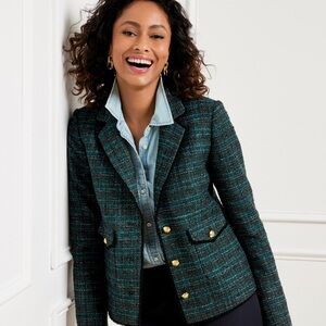 Talbots Women's Petite Sz 20WP Black & Teal Tweed Fringe Blazer Jacket